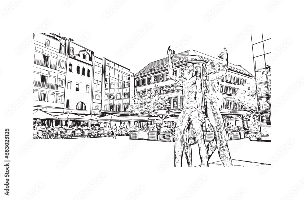 Hand drawn sketch illustration in vector. Building view with landmark of Aachen is the city of Germany. 