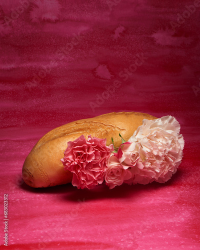 Baguette with pink and white flowers on romantic pink