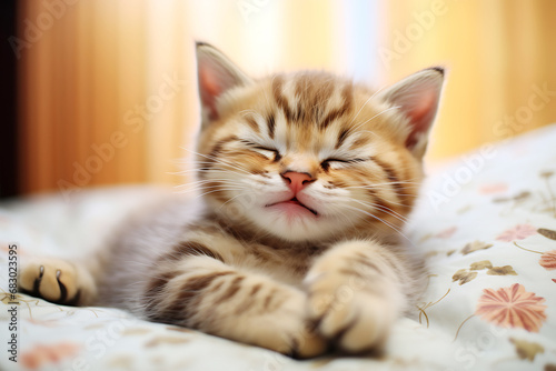 Satisfied red tabby kitten sleeping on a blanket on the bed © ribalka yuli