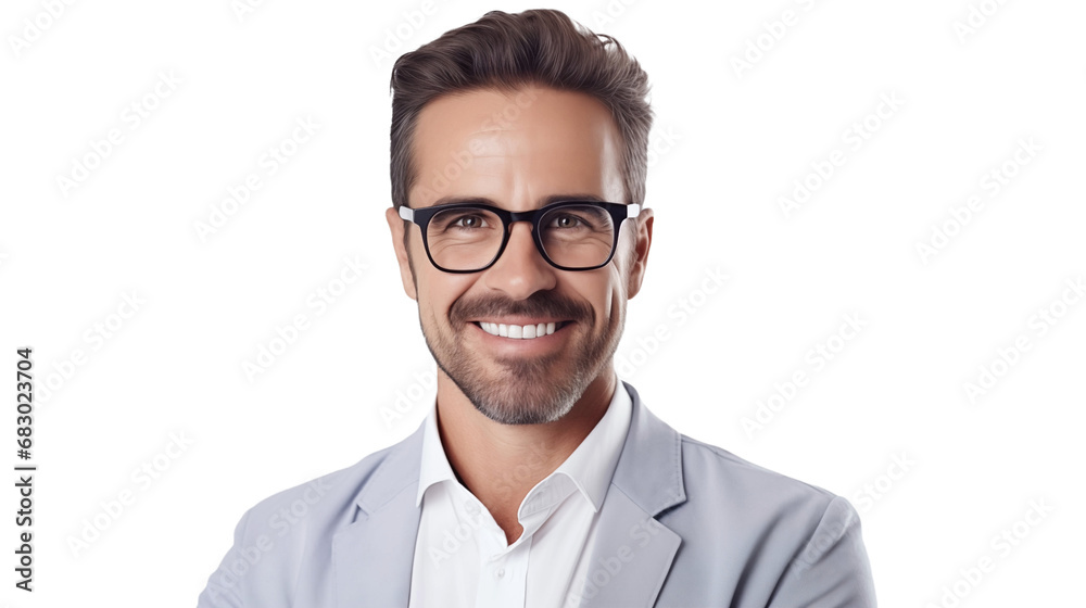 Caucasian businessman smiling and looking at camera transparent background. Generative AI.