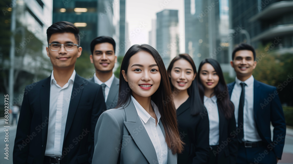 Asian business people smiling and looking at camera at street. Generative AI. Asian business people smiling and looking at camera at street. Generative AI.