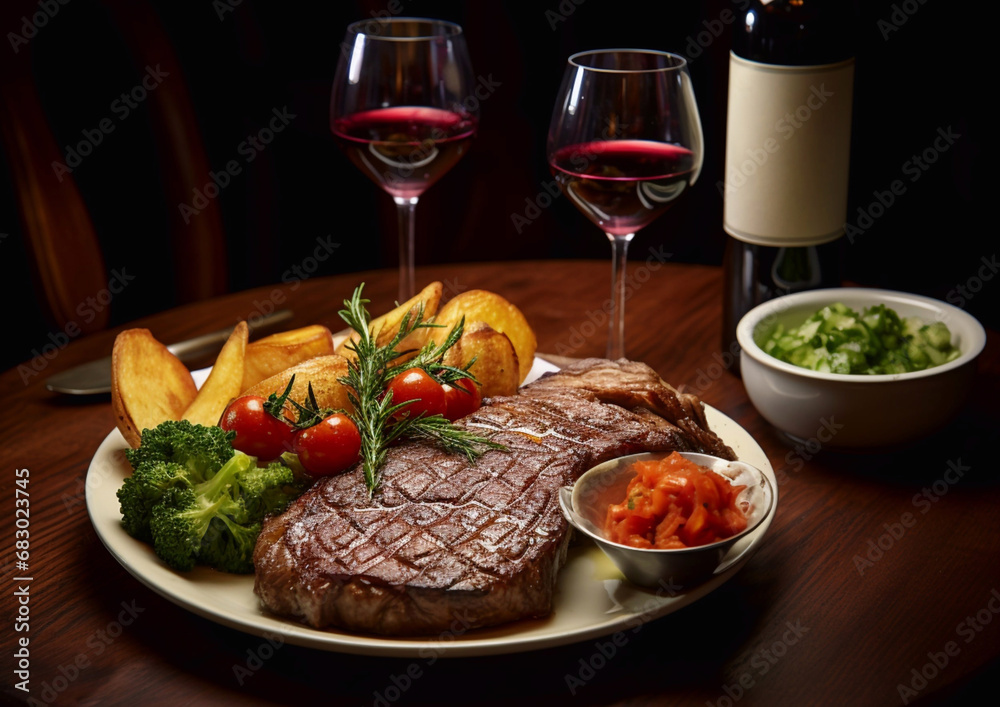 Beef steak with wedges and tomatoes and glasses and bottle of red wine on wooden board.Macro.AI Generative. Beef steak with wedges and tomatoes and glasses and bottle of red wine on wooden board.Macro.AI Generative.