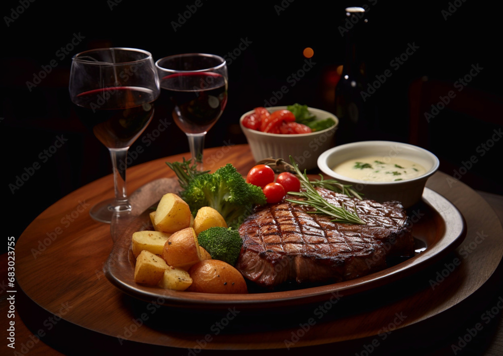 Ribeye beef steak with tomatoes and potatoes with glasses of red wine on wooden table.Macro.AI Generative.