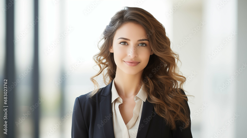 Caucasian businesswoman smiling and looking at camera at office. Generative AI. Caucasian businesswoman smiling and looking at camera at office. Generative AI.