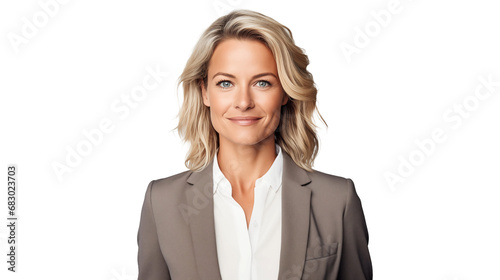 Caucasian businesswoman smiling and looking at camera transparent background. Generative AI.