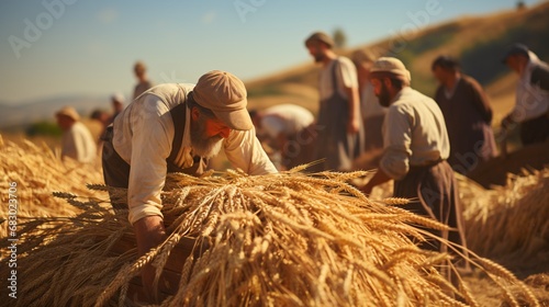 A bucolic countryside vista of wheat sheaves being ferried on a transport into an aged threshing contraption. photo