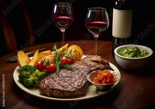 Beef steak with wedges and tomatoes and glasses and bottle of red wine on wooden board.Macro.AI Generative.