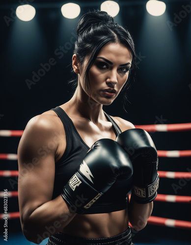 Black-haired girl boxer in the ring