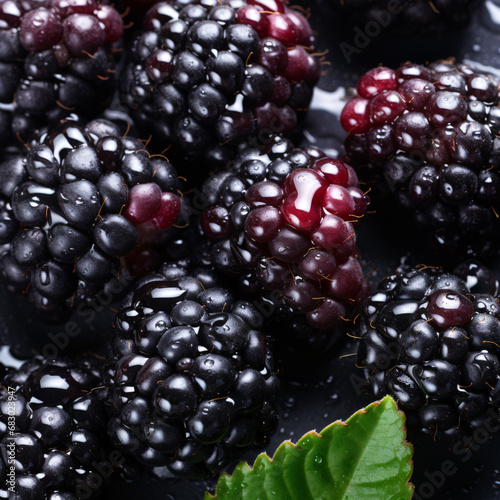 A bird's-eye view of glistening blackberries with clear droplets of liquid.