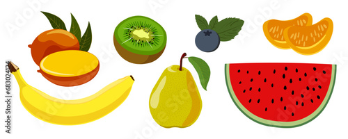 Fototapeta Naklejka Na Ścianę i Meble -  pear, tangerine, mango, banana, blueberry, kiwi, watermelon in vector. a set of fruits and berries in a semi-realistic style. objects for the design of an application, website, leaflet, booklet, adver