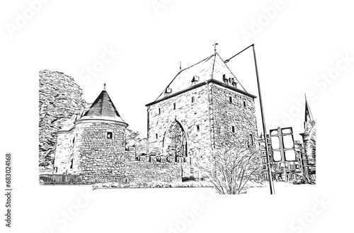 Hand drawn sketch illustration in vector. Building view with landmark of Aachen is the city of Germany. 