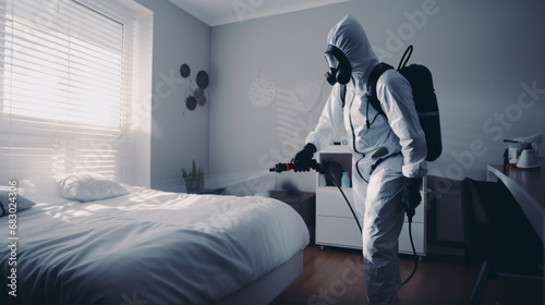 A pest control technician, outfitted in protective gear, is dispatching insecticides in a bedroom.