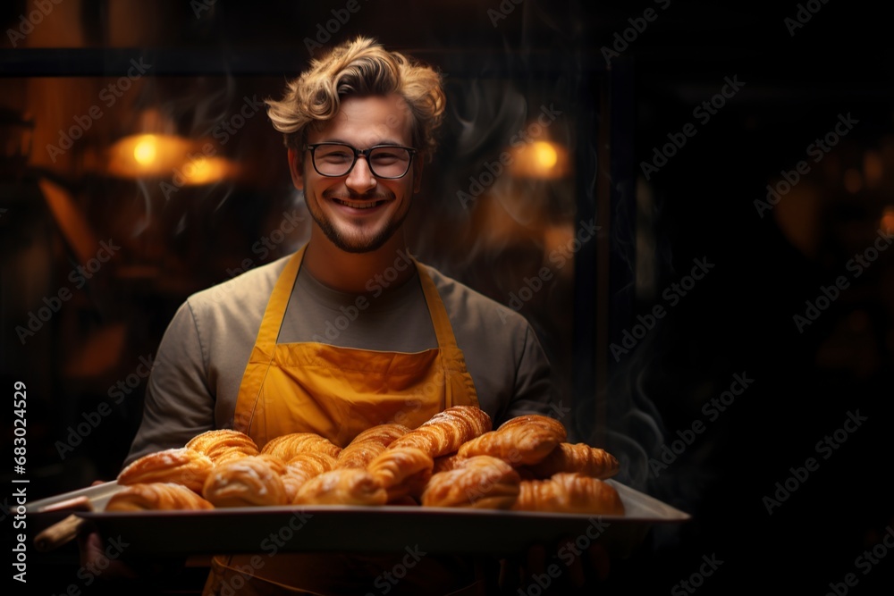 young baker holds a tray of delicious, crusty breads
