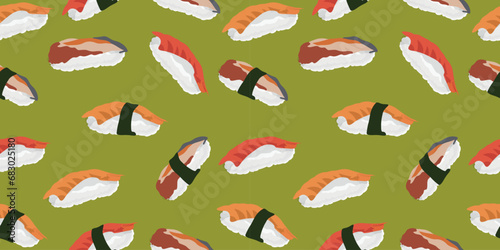 Seamless pattern of sushi, traditional Japanese cuisine. Asian seafood group. Template for sushi restaurant, cafe, delivery or your business