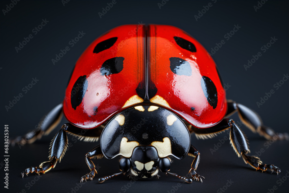Fototapeta premium Macro close-up of the seven-dot Coccinella septempunctata, on a dark backdrop.
