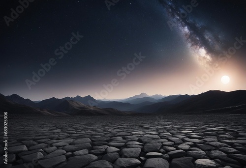 Empty stone floor black with a background rugged mountain landscape under a moonlit sky