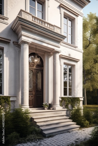 Entrance to the house in classic architectural style with stairs and columns on both sides © tynza