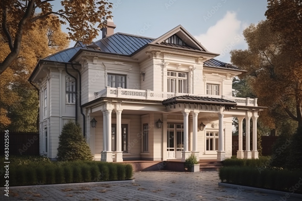 House in classic architectural style with porch and columns on both sides of entrance