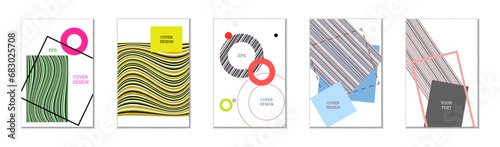 Geometric cover design, set of 5 covers. Abstract unusual background in Memphis style. Bright geometric shapes in random order