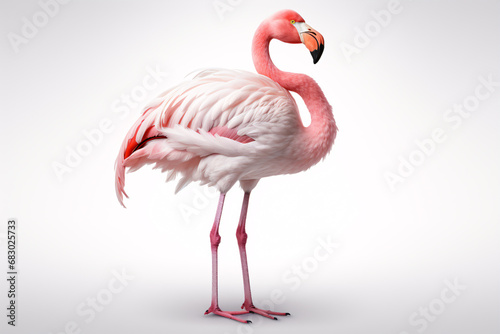 Isolated on white  the Pink Flamingo stands in a curled  heart-shaped pose  one leg raised and the other tucked in.