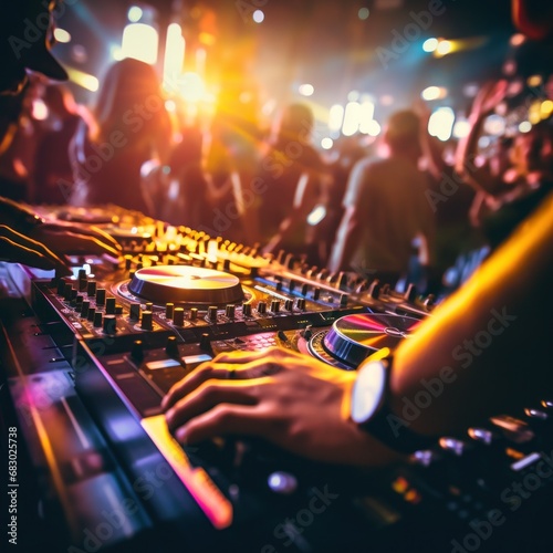 DJ's hands on a mixing board, with a blurred background of energetic partygoe...