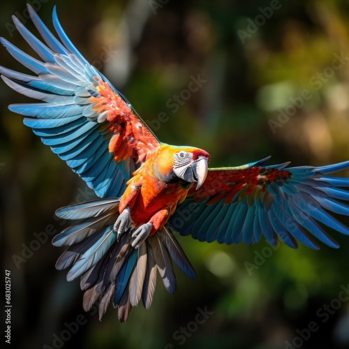 A colorful parrot in mid-flight, with its wings spread wide and its feathers a rainbow of colors © olegganko