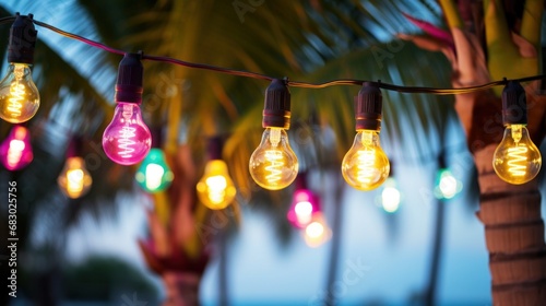 light bulb garland hanging between two palm trees on a beach