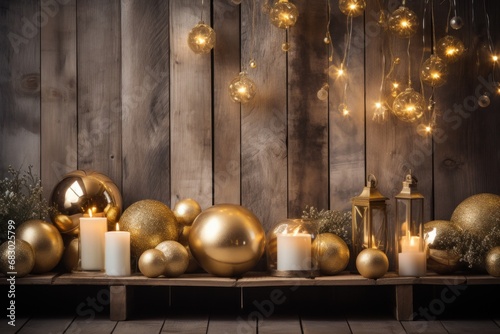 A cozy and rustic holiday setup with golden spheres, pinecones, and a wood plank background.