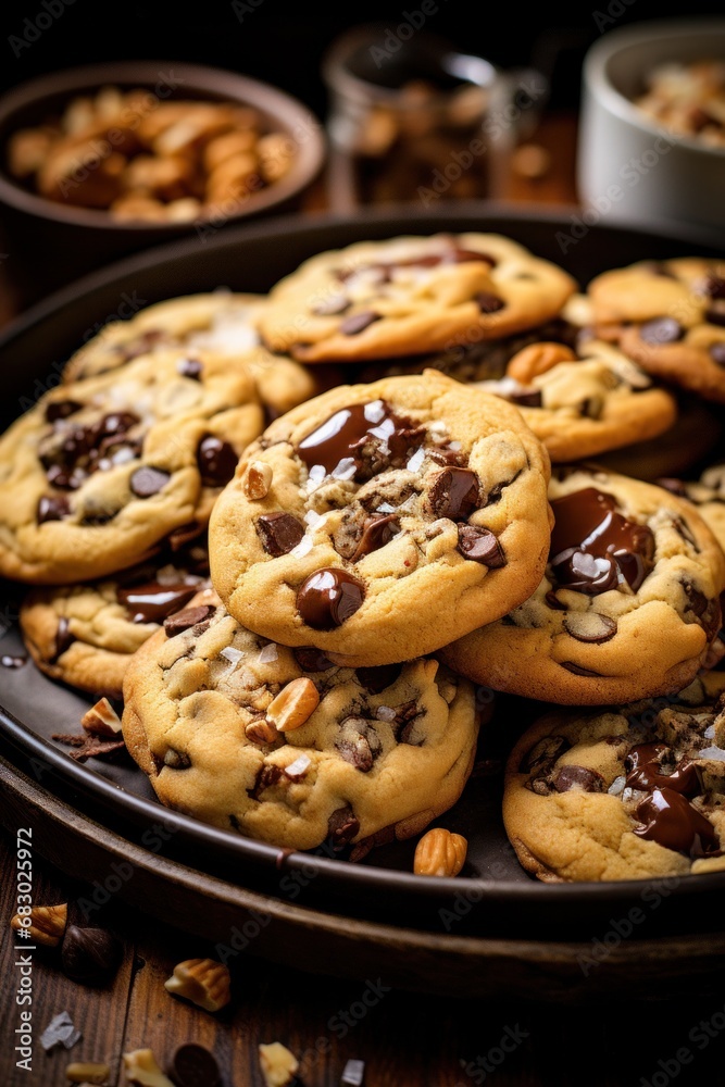 tray of freshly baked cookies, with chocolate chips and chunks of nuts peeking out from the dough. tray of freshly baked cookies, with chocolate chips and chunks of nuts peeking out from the dough.