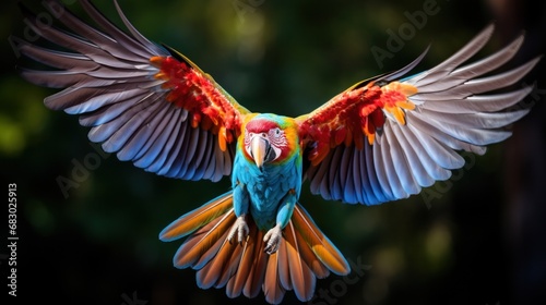 A colorful parrot in mid-flight, with its wings spread wide and its feathers ...