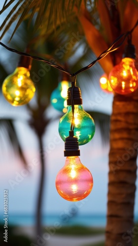 light bulb garland hanging between two palm trees on a beach