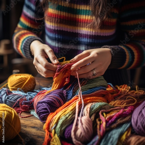 pair of hands knitting a colorful striped scarf