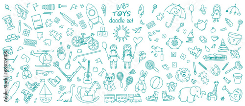 A colorful set of children s toys  sports and creative items. Doodle. Vector illustration