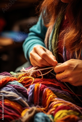 pair of hands knitting a colorful striped scarf
