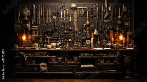 barber's tools arranged, including scissors, combs, razors, and other implements of the trade. photo