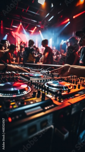 DJ's hands on a mixing board, with a blurred background of energetic partygoe...
