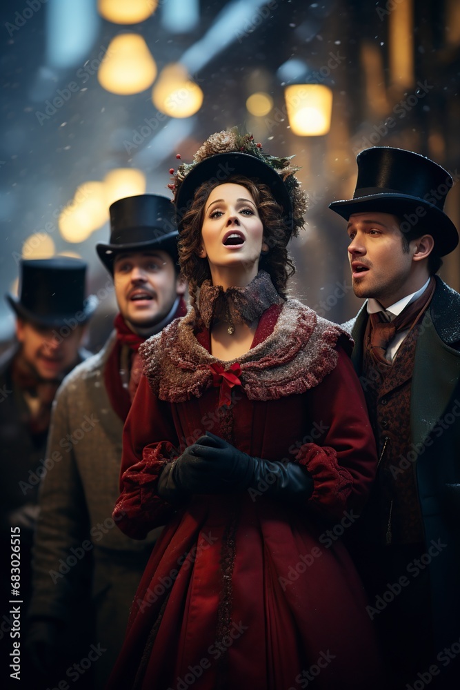group of people in ancient clothing singing Christmas carols