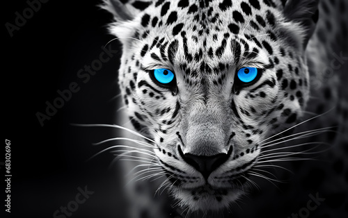 Black and white Wild jaguar in Blue eyes ready to attack  Black background