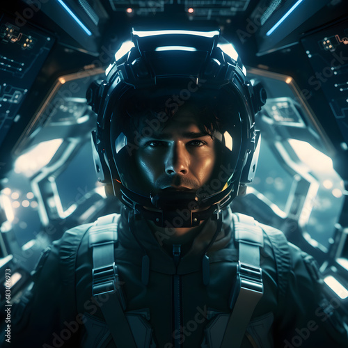 Portrait of Caucasian male astronaut inside spaceship cockpit, pilot of the aircraft sitting at the space ship © hamzagraphic01