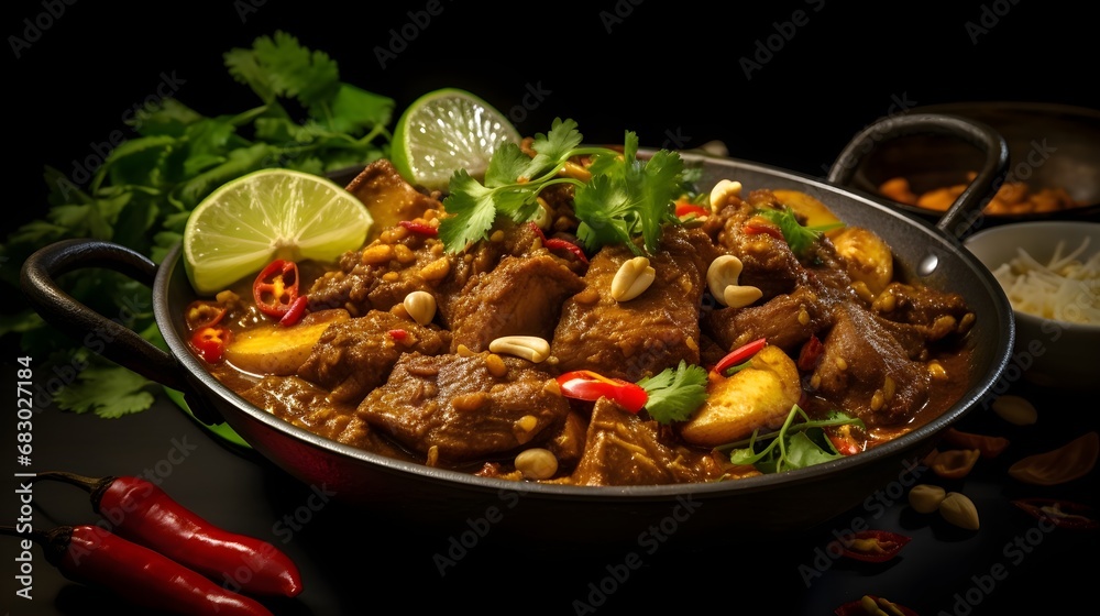 A Thai curry masterpiece featuring slow-cooked beef or lamb in a rich A Thai curry masterpiece featuring slow-cooked beef or lamb in a rich