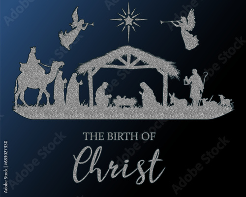 Historically accurate nativity scene with Joseph, Mary, Baby Jesus, shepherd, Wisemen, Angels and the star, silver glitter