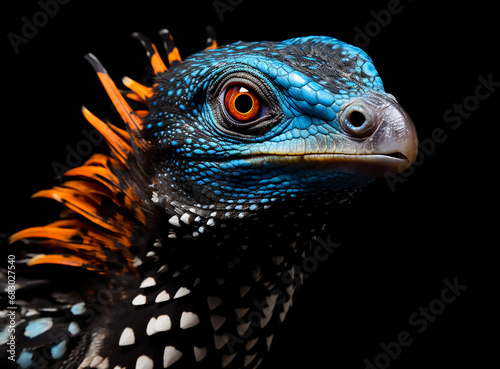 close up Portrait of a green iguana, perfect skin details, Dark background, nature 