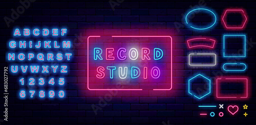 Record studio neon sign. Music on air. Online streaming. Event design. Geometric frames collection. Vector illustration