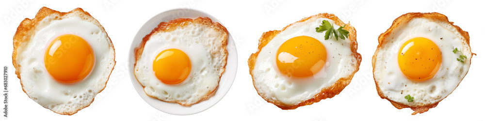 Set of chicken fried eggs cut out on a transparent background in PNG format. Set of fried eggs close-up, top view. Diet healthy breakfast concept. - obrazy, fototapety, plakaty 