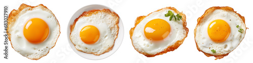 Set of chicken fried eggs cut out on a transparent background in PNG format. Set of fried eggs close-up, top view. Diet healthy breakfast concept. photo