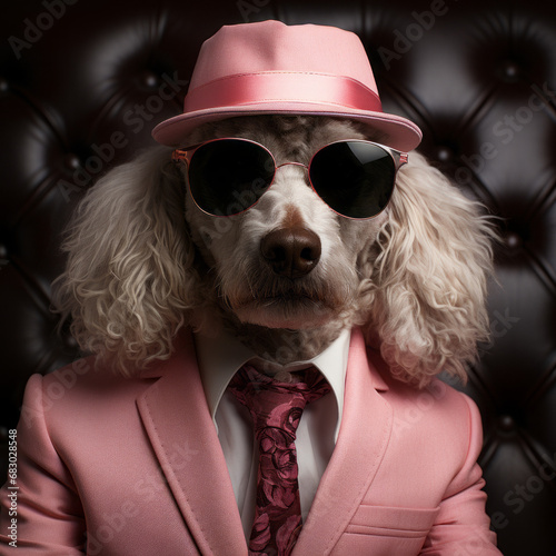 Dog, pink poodle, dressed in an elegant suit with a nice tie, wearing sunglasses. Fashion portrait of an anthropomorphic animal posing with a charismatic human attitude