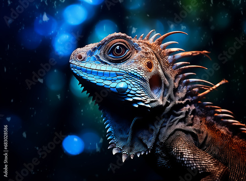 close up Portrait of a green iguana  perfect skin details  Dark background  nature 