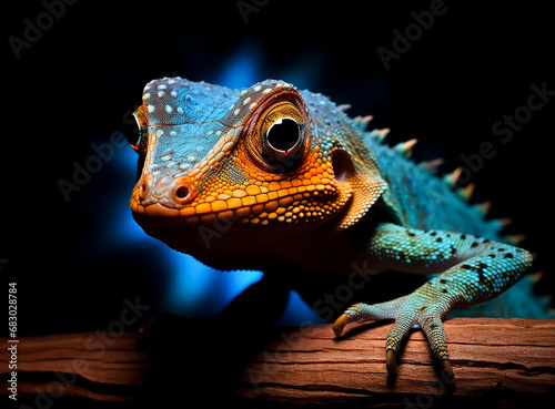 close up Portrait of a green iguana  perfect skin details  Dark background  nature 