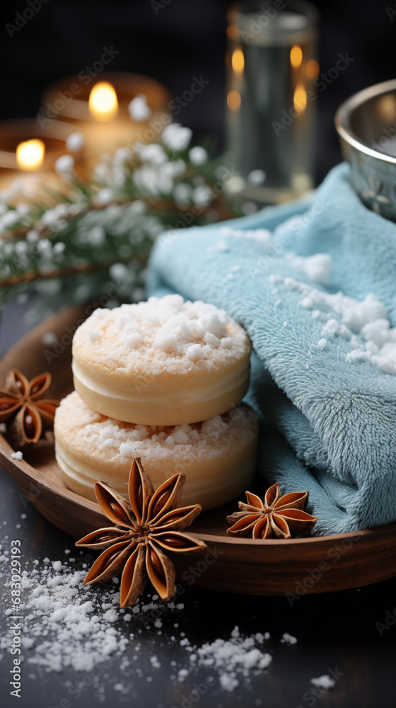Stack of spicy soap and candles on dark background. Spa composition with AI generative