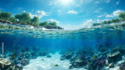 Half underwater shot, clear turquoise water and sunny blue sky with clouds. Tropical ocean. Beautiful seascape.